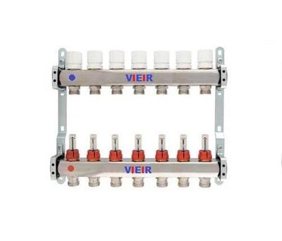 Коллекторная группа для отопления 8 выходов полный комплект (краны, термометры, воздухоотводчики, сливники) 1*3/4 без расходомеров нержавейка Vieir