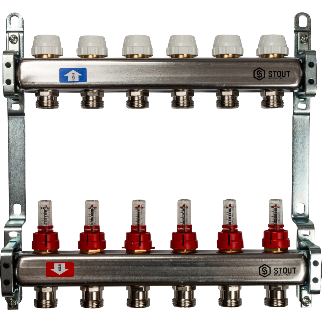 Коллекторная группа для теплых полов 6 выходов 1*3/4 с расходомерами нержавейка STOUT
