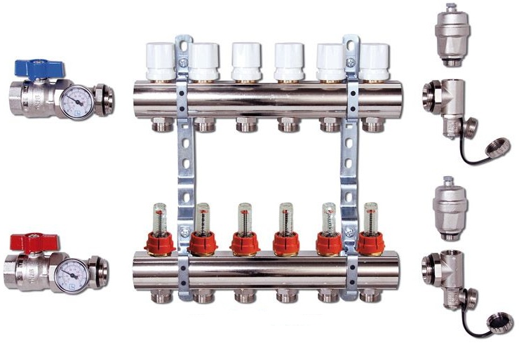 Коллекторная группа для теплых полов 8 выходов полный комплект (краны, термометры, воздухоотводчики, сливники) 1*3/4 с расходомерами нержавейка Vieir